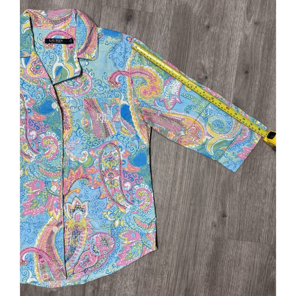Lauren Ralph Lauren Paisley Womens Pajama Set Sz M Capri Button Up Cotton - Picture 10 of 13
